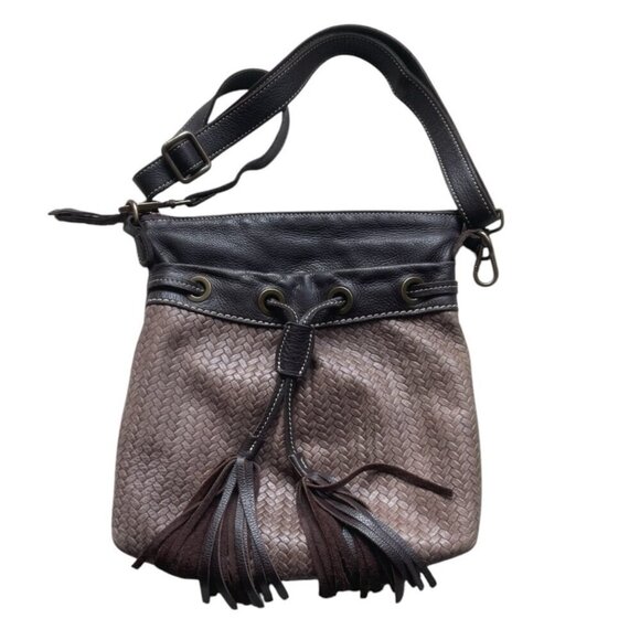 Roots Handbags - Roots Canada Dark Brown Weave Leather Tassel Crossbody Bag Purse